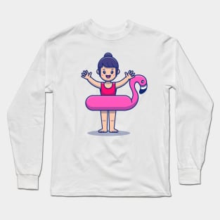 Cute Girl Wearing Flamingo Balloon Long Sleeve T-Shirt